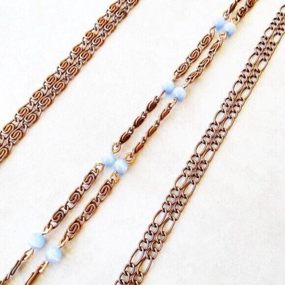 NEW! Patina Hand Painted Medallion + Blue Catseye + Copper Bohemian Necklace - Picture 9 of 10